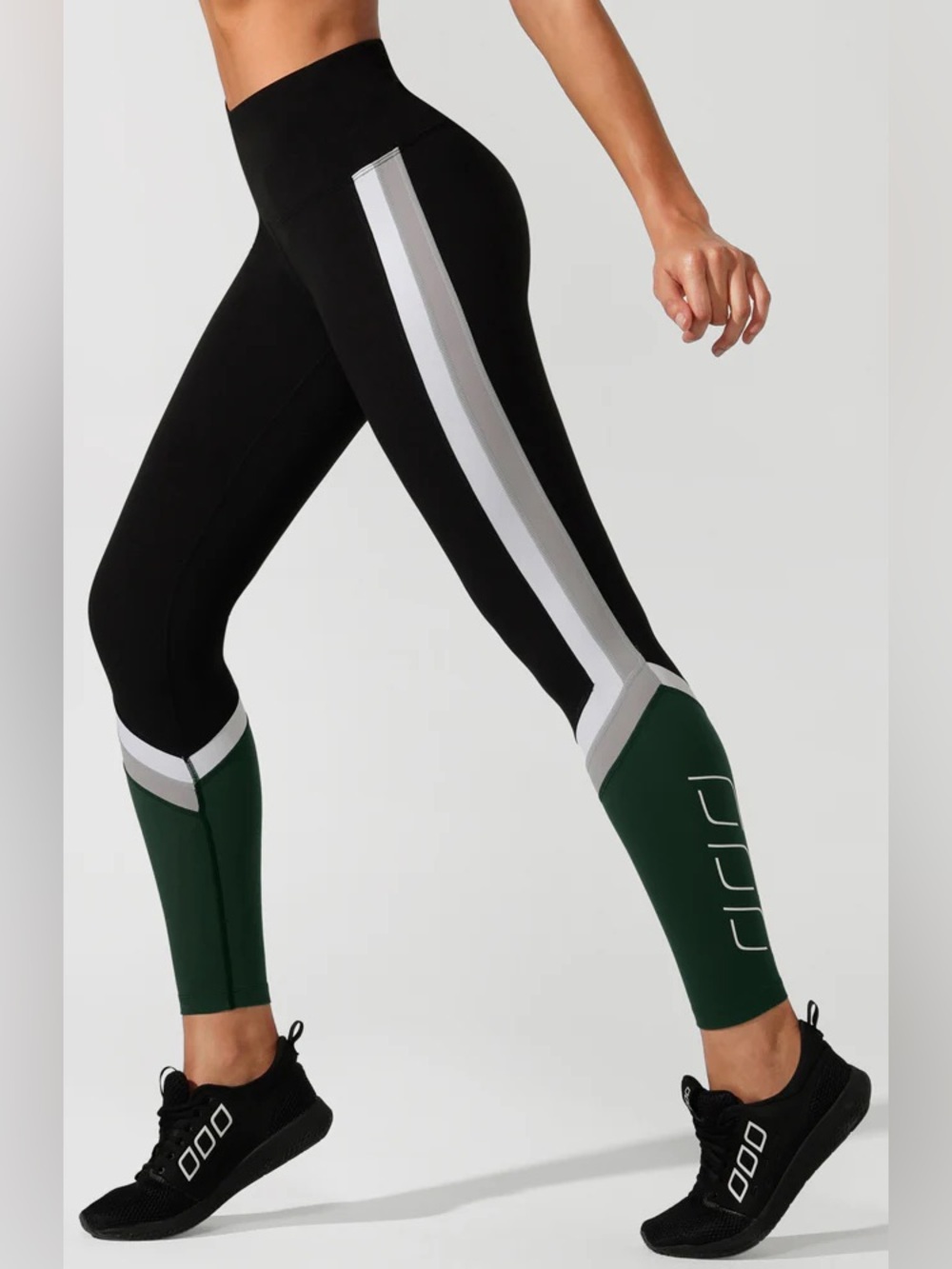 Lorna Jane Black, White & Deep Green High-Waist Panel Leggings